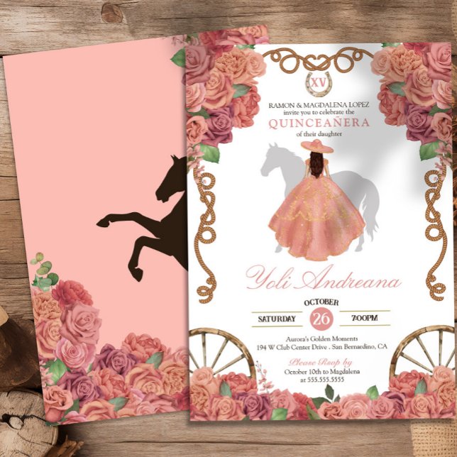 Invitation Peach Rose Gold Western Charro Quinceañera (Créateur téléchargé)