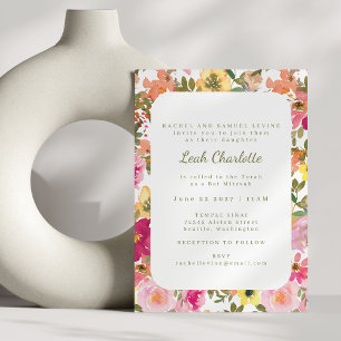 Invitation Peach rose jaune Aquarelle Bat mitzvah Floral