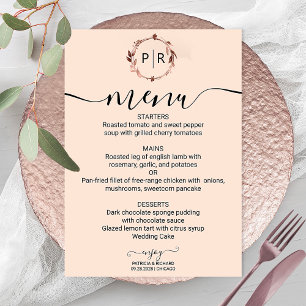 Invitation Peach Rose Monogramme Photo Mariage Menu Card