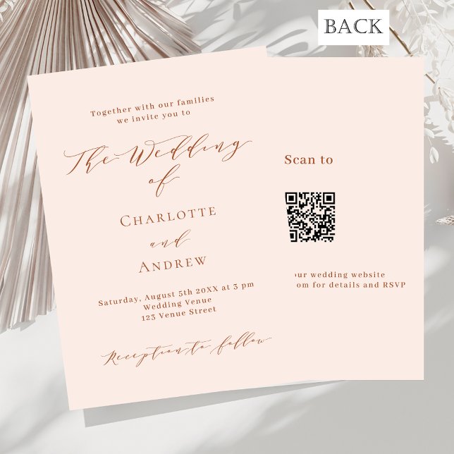 Invitation Peach rose or formel QR RSVP mariage de luxe (Créateur téléchargé)