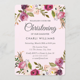 Invitation Peach rose pourpre Floral Girl Christening baptême