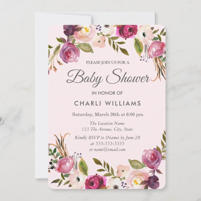 Invitation Peach rose Purple Floral Girl Baby shower invitati (Devant)