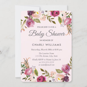 Invitation Peach rose Purple Floral Girl Baby shower invitati