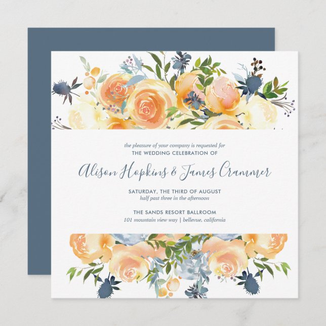 Invitation Peach Russe Peony Floral Bouquet SQ Mariage (Devant / Derrière)