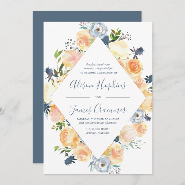 Invitation Peach rustique et White Peony Mariage (Devant / Derrière)