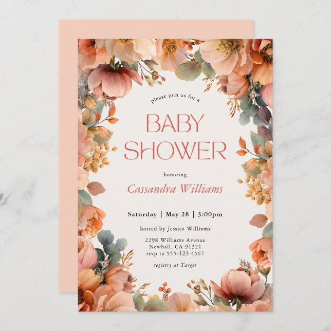 Invitation Peach Sage Floral Baby Shower (Devant / Derrière)