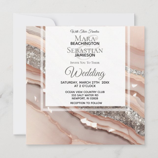 Invitation *~* Peach Saumon SILVER AGATE RSVP QR AR66 Mariage (Devant)