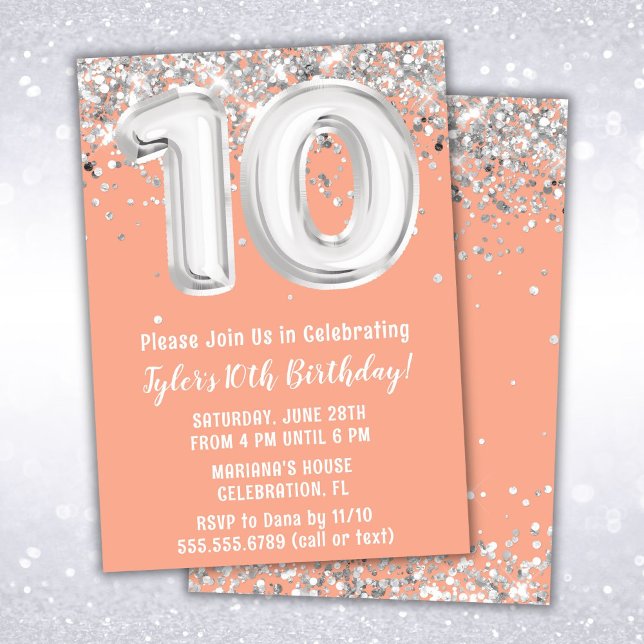 Invitation Peach Silver 10th Birthday Party (Créateur téléchargé)