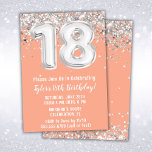 Invitation Peach Silver 18th Birthday Party<br><div class="desc">Peach Silver 18th Birthday Party invitation 18 anniversaire invitation pour un garçon ou une fille avec l'écriture de script moderne et des ballons de papier amusant.</div>
