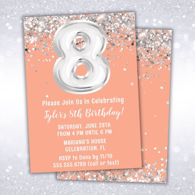 Invitation Peach Silver 8e fête d'anniversaire (Créateur téléchargé)