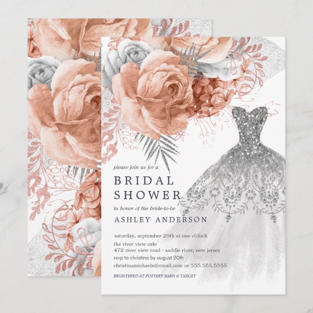 Invitation Peach & Silver Floral Mariage Fête des mariées rob (Devant / Derrière)