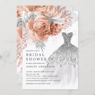 Invitation Peach & Silver Floral Mariage Fête des mariées rob