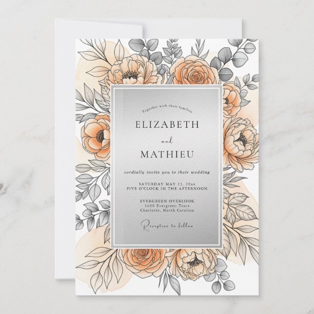 Invitation Peach Silver Refined Spring Wedding (Devant)
