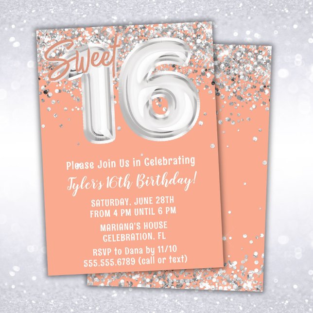 Invitation Peach Silver Sweet 16th Birthday Party (Créateur téléchargé)