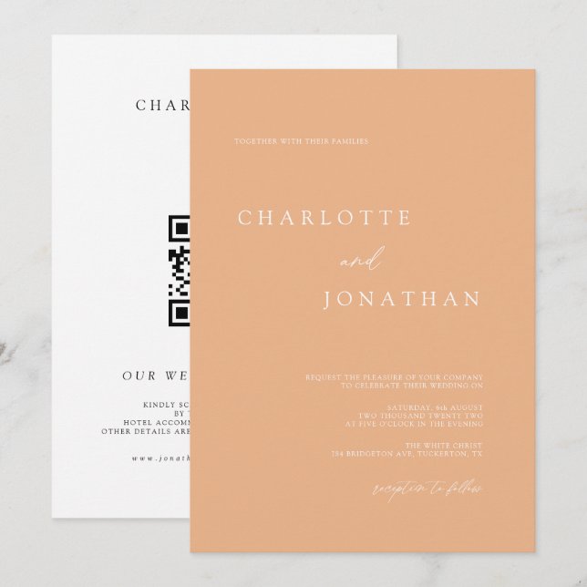 Invitation Peach Simple Chic Moderne QR Code Mariage (Devant / Derrière)