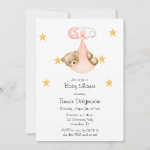 Invitation Peach Teddy Ours Pink Baby shower fille couche