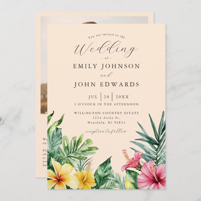 Invitation Peach Tropical Flowers Photo QR Code Mariage (Devant / Derrière)