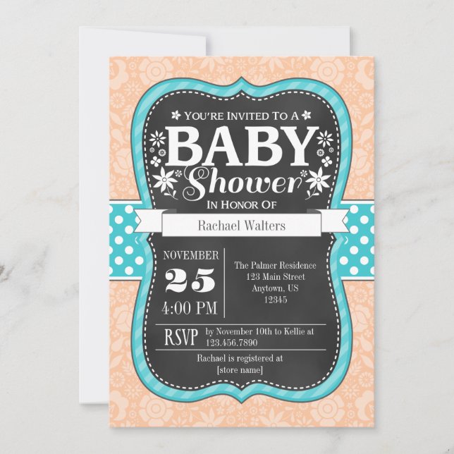 Invitation Peach Turquoise Chalkboard Floral Baby shower Invi (Devant)