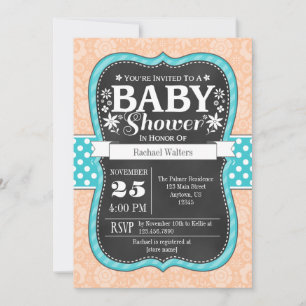 Invitation Peach Turquoise Chalkboard Floral Baby shower Invi