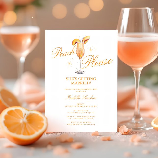 Invitation Peach Veuillez | Peach Bellini Bachelorette Party (Peach Please She's Getting Married! Bellini Theme Bachelorette Party Invitation)