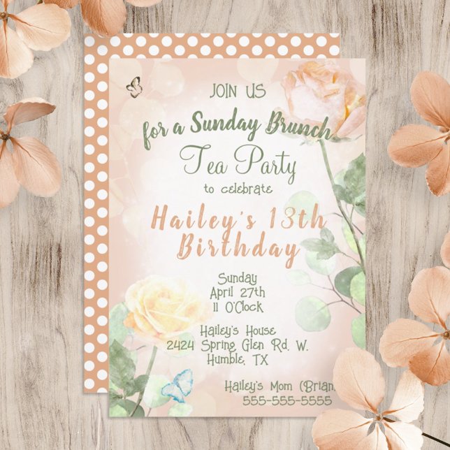 Invitation Peach vintage 13e anniversaire Tea Party Brunch (peach pink light green birthday brunch tea party invitation, vintage, cute polka dots, roses)