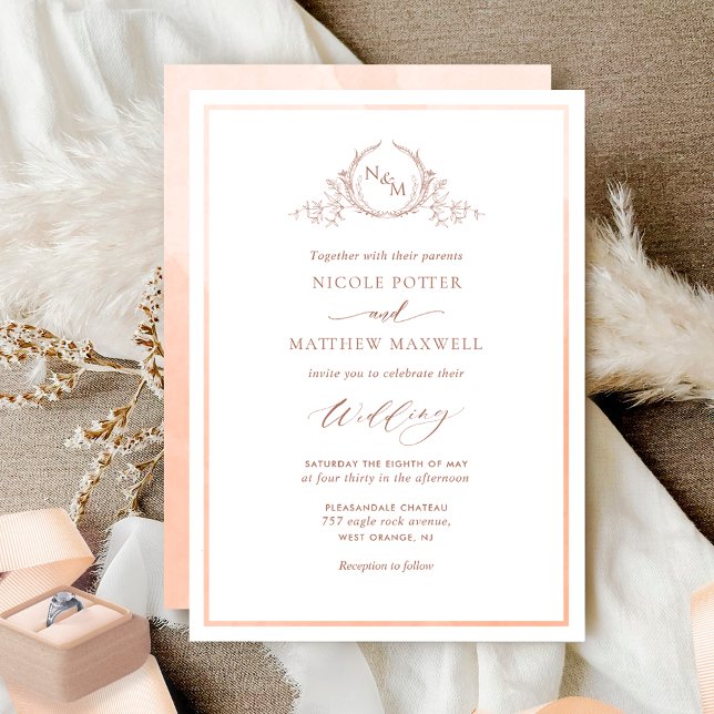 Invitation Peach Watercolor Elegant Monogram Wedding (Créateur téléchargé)