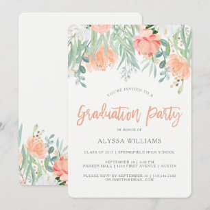 Invitation Peach Watercolor Floral   Fête de l'obtention du d