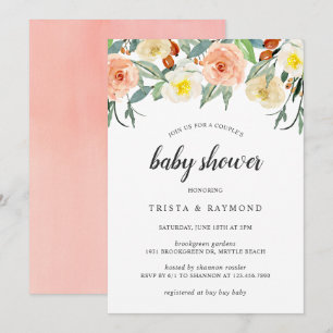 Invitation Peach Watercolor Floral Girl Couple Baby shower