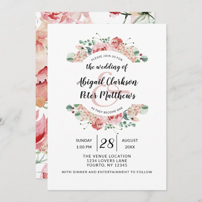 Invitation Peach Watercolor Floral Wreath Chic Mariage (Devant / Derrière)