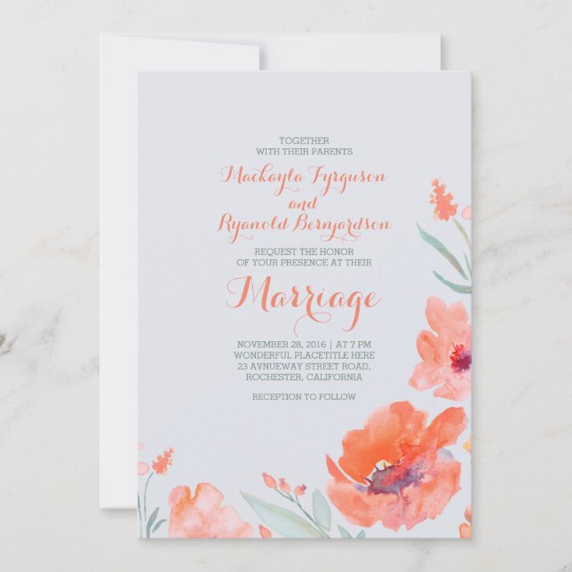 Invitation Peach Watercolor Florals Mariages d'été (Devant)