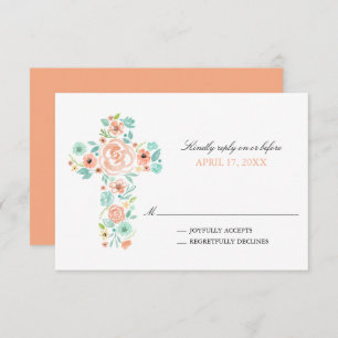 Invitation Peach Watercolor Flowers Cross First Communion