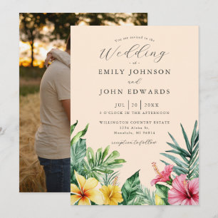 Invitation Peach Watercolor Mariage photo floral tropical