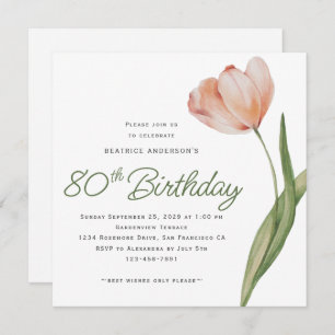 Invitation Peach Watercolor moderne Floral 80e fête d'anniver