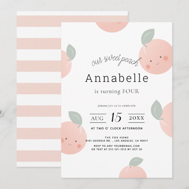 Invitation Peaches & Crème Cute Kawaii Fille Anniversaire (Devant / Derrière)