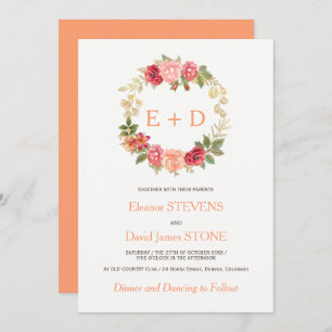 Invitation Peacht or rose rose couronne mariage monogramme