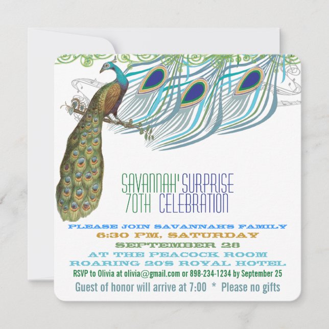 Invitation Peacock 70e ou toute année fête d'anniversaire (Devant)