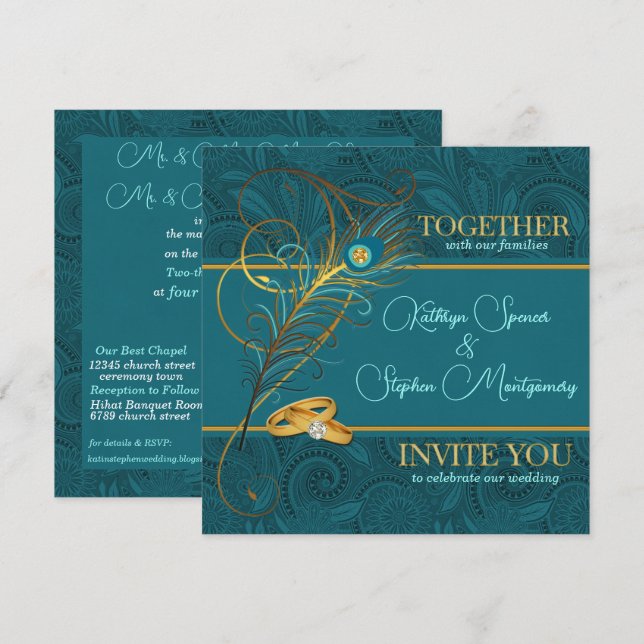 Invitation Peacock avec accents or Mariage Turquoise (Devant / Derrière)