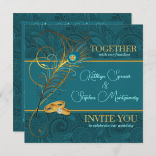 Invitation Peacock avec accents or Mariage Turquoise