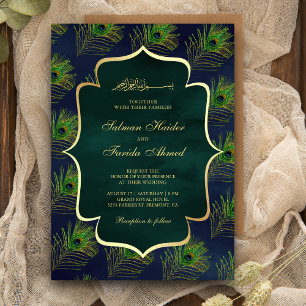 Invitation Peacock bleu vert plumes Mariage musulman