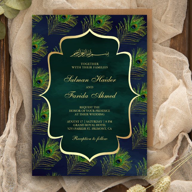 Invitation Peacock bleu vert plumes Mariage musulman (Créateur téléchargé)