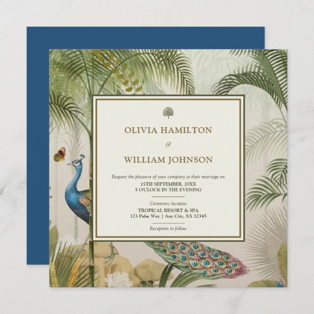 Invitation Peacock Blue Carré Tropical Peacock Palm Mariage (Devant / Derrière)