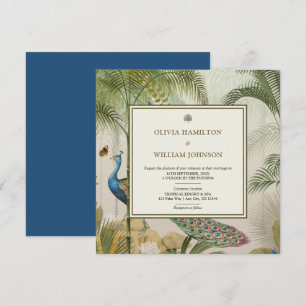 Invitation Peacock Blue Carré Tropical Peacock Palm Mariage