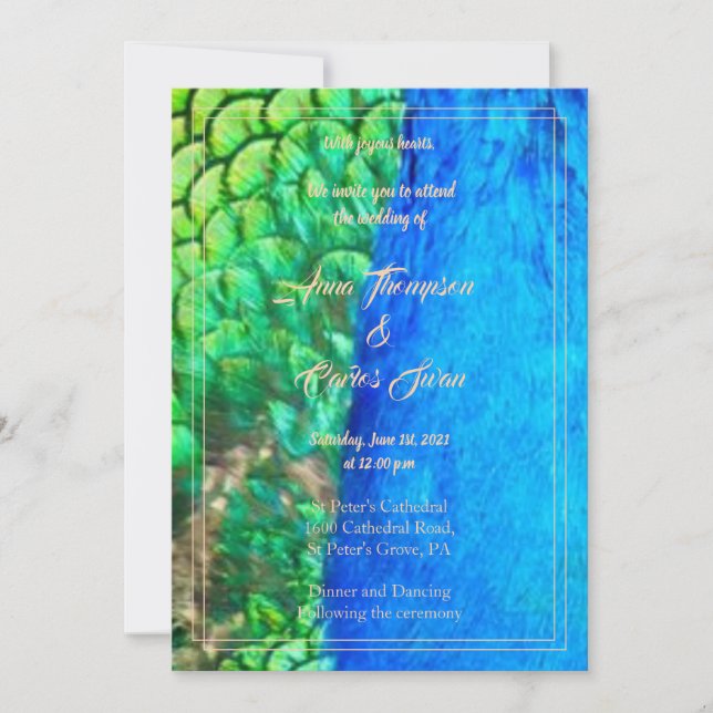 Invitation Peacock Blue Green Feather Texture Mariage d'été (Devant)