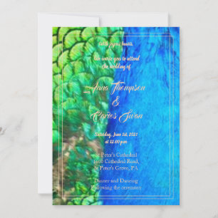 Invitation Peacock Blue Green Feather Texture Mariage d'été