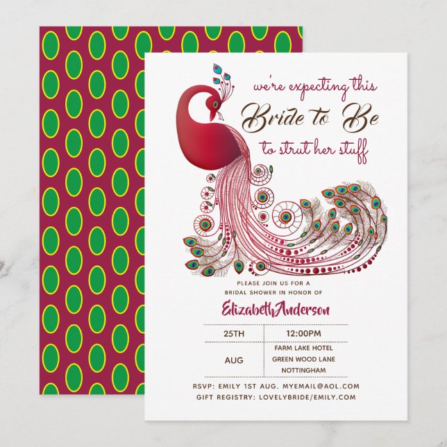 Invitation Peacock Bride 2 Be Struts Her Stuff Fête des marié (Devant / Derrière)