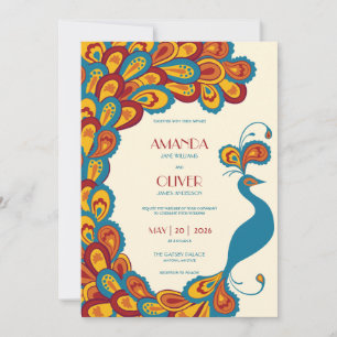 Invitation Peacock Elegance Mariage Vintage Multicolore