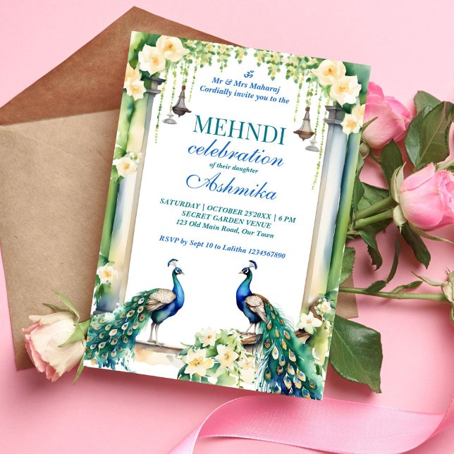 Invitation Peacock et jasmine mariage indien mehndi modèle (Mehndi peacock jasmine Indian wedding template invitation instant digital download peacocks gajra)