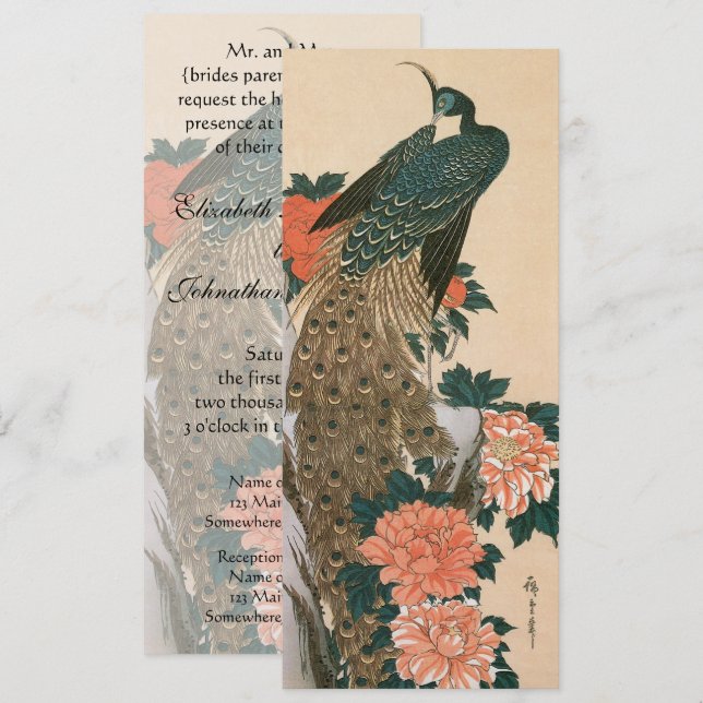 Invitation Peacock et Peonies par Mariage Hiroshige (Devant / Derrière)
