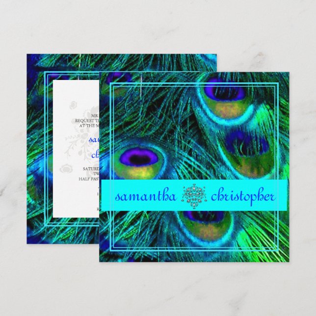 INVITATION PEACOCK FEATHER/AQUA/TURQUOISE VOIR DESCRIPTION (Devant / Derrière)