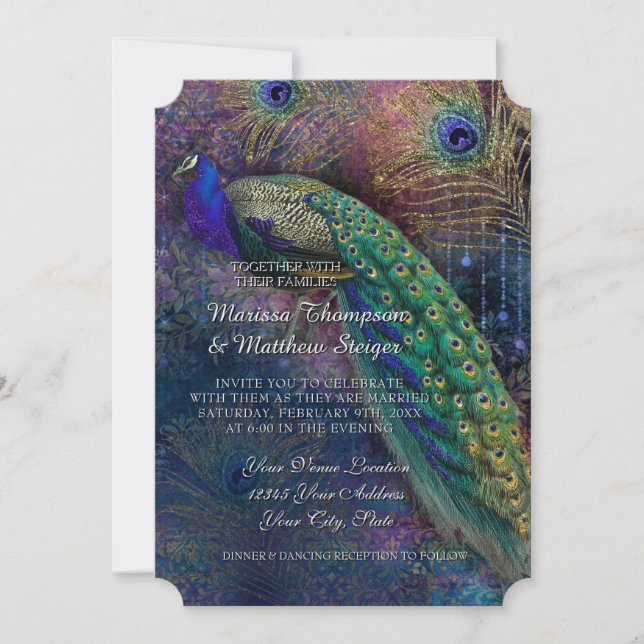 Invitation Peacock Feather Elegant Gold Winter Wedding  (Devant)